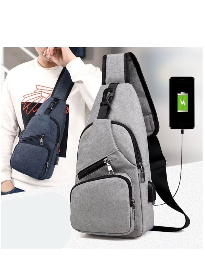 Casual Men Outdoor Crossbody Shoulder Chest Pouch Sling Bag with USB Charge Port,Blue  - Image 3
