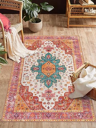 Moynesa Ultra-Thin Washable Vintage Area Rug - 3x5 Boho Girls Bedroom Non-Slip Non-Shedding Oriental Medallion Living Room Mat Indoor Carpet for Office Nursery Room, Pink/Teal/Multi - Image 1