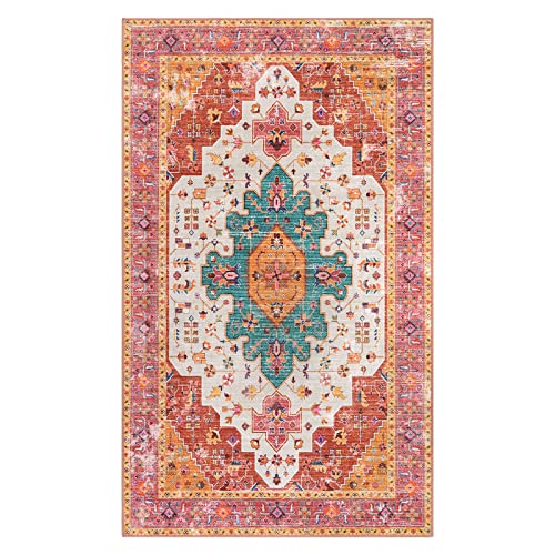 Moynesa Ultra-Thin Washable Vintage Area Rug - 3x5 Boho Girls Bedroom Non-Slip Non-Shedding Oriental Medallion Living Room Mat Indoor Carpet for Office Nursery Room, Pink/Teal/Multi - Image 5