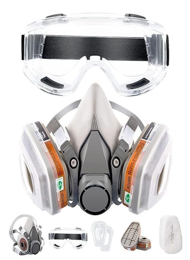 GION Mask with Filters for Organic Gases and Dust 7 in 1 Mask Activated Carbon Filter Industrial Chemical Respirator Protection 5N11 Filter Cotton & Cover Half Face Mask (1Pcs) (With Goggles) - Image 1