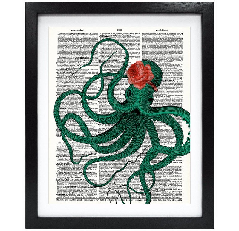 Susie Arts 8X10 Unframed Octopus with Rose Upcycled Vintage Dictionary Art Print Book Art Print Home Decor Wall Art V015 - Image 4
