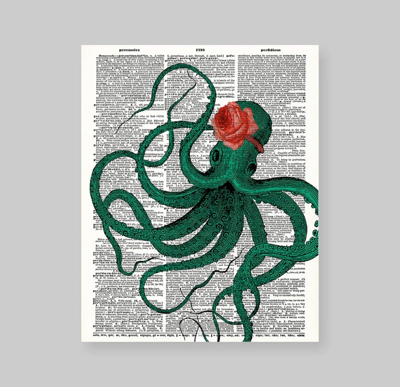 Susie Arts 8X10 Unframed Octopus with Rose Upcycled Vintage Dictionary Art Print Book Art Print Home Decor Wall Art V015 - Image 2