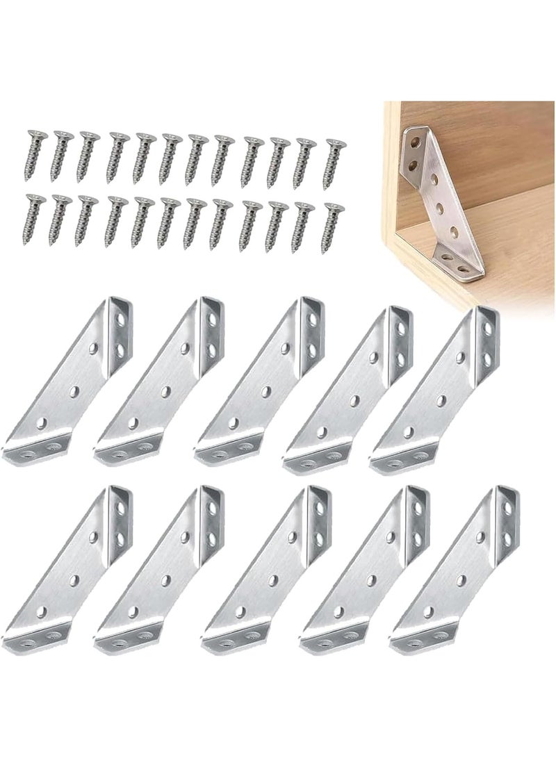 Rubik 10pcs Furniture Corner Connector Brackets with Screws, Stainless Steel Triangle Braces for Shelf Supports Joint Fastener Wood Desk Chair Cabinet (65x22mm) Silver  - Image 1