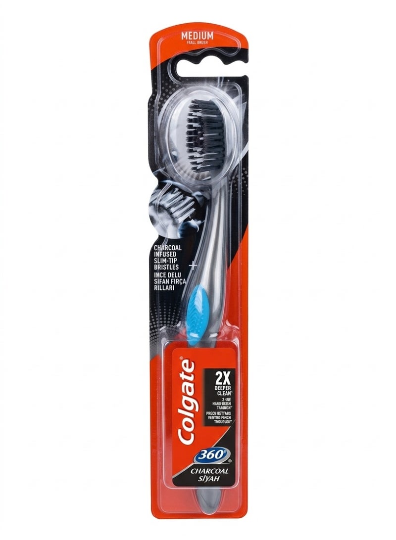 The toothbrush pictured is the Colgate 360 ​​Charcoal, designed for a thorough oral clean.  Key product details include:  Bristles: Infused with activated charcoal and featuring slim-tip bristles designed to clean twice as deep along the gum line.  Cleaning: Provides effective cleaning between teeth and in hard-to-reach areas.  Whitening: Bristles gently help remove surface stains for a whiter smile.  Full Cleaning: Includes a cheek and tongue cleaner on the back of the brush head to help remove odor-causing bacteria.  Handle: Ergonomically designed for easy use and control.  Hardness: Available in a medium hardness setting as indicated on the packaging.