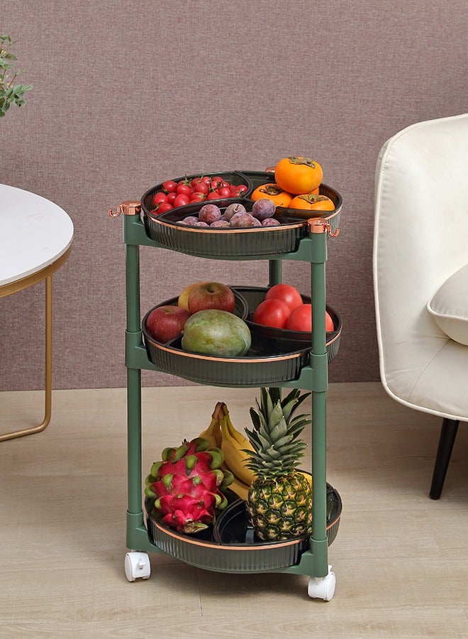 LAWAZIM 3-Layer Fruit Plate - Tiered Space Saving Fruit Plate with Wheels, Side Hooks, Compartments, and Modern Green and Gold Design - Ideal for Kitchen, Fruit, Dessert, and Snack Organization - Image 1