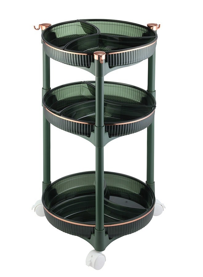 LAWAZIM 3-Layer Fruit Plate - Tiered Space Saving Fruit Plate with Wheels, Side Hooks, Compartments, and Modern Green and Gold Design - Ideal for Kitchen, Fruit, Dessert, and Snack Organization - Image 4
