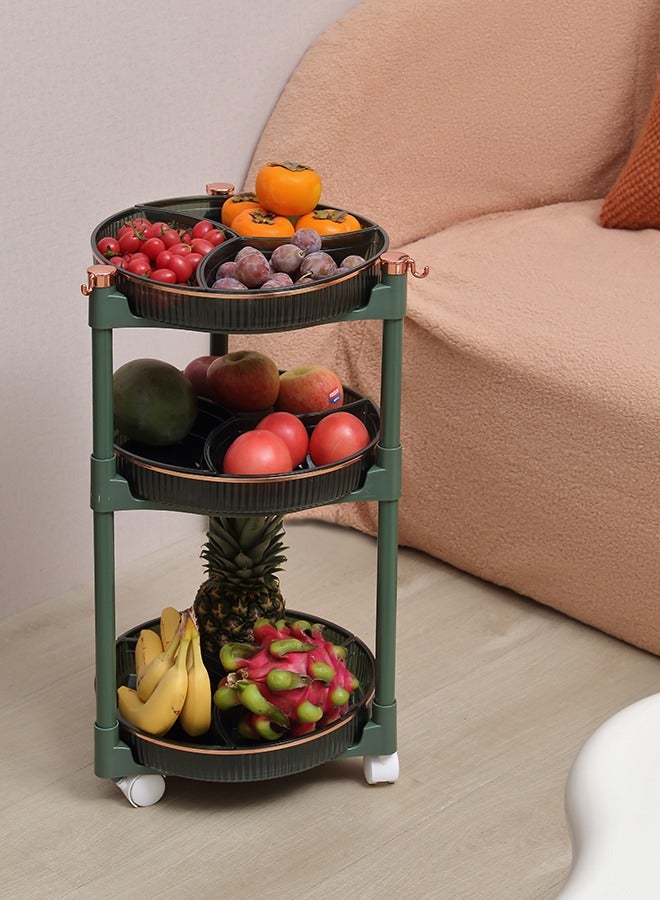 LAWAZIM 3-Layer Fruit Plate - Tiered Space Saving Fruit Plate with Wheels, Side Hooks, Compartments, and Modern Green and Gold Design - Ideal for Kitchen, Fruit, Dessert, and Snack Organization - Image 2