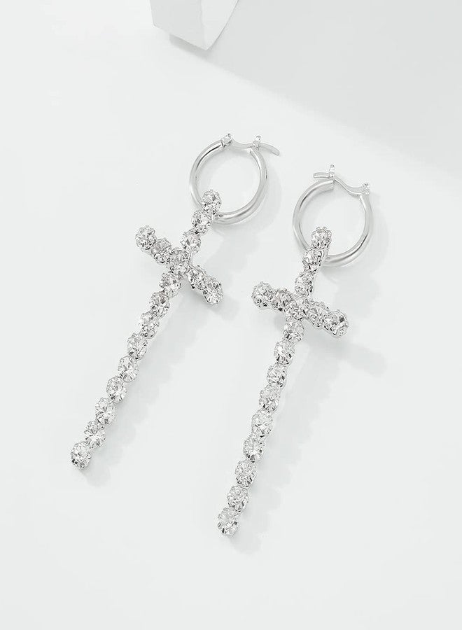 Jumwrit Rhinestone Cross Earrings Sparkle Huggie Hoop Earrings Long Dangle Drop Earrings Charm Hanging Cross Earrings for Women（Silver） - Image 4