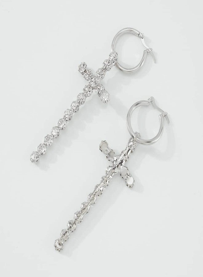 Jumwrit Rhinestone Cross Earrings Sparkle Huggie Hoop Earrings Long Dangle Drop Earrings Charm Hanging Cross Earrings for Women（Silver） - Image 3