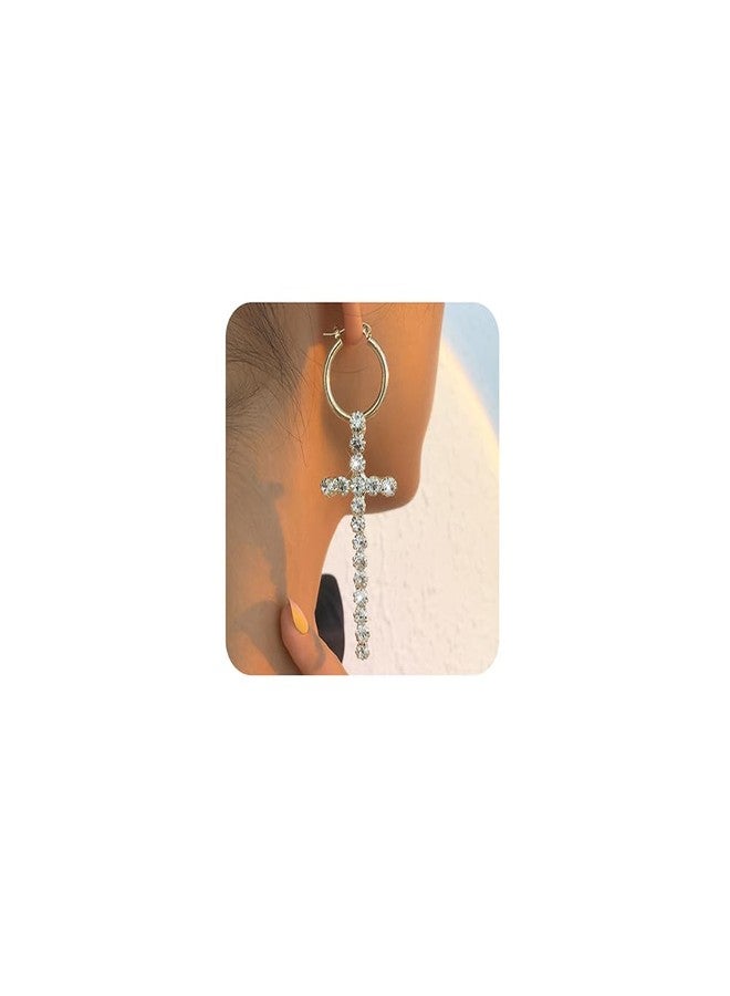 Jumwrit Rhinestone Cross Earrings Sparkle Huggie Hoop Earrings Long Dangle Drop Earrings Charm Hanging Cross Earrings for Women（Silver） - Image 1