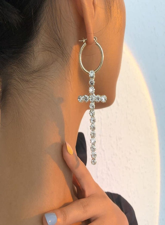 Jumwrit Rhinestone Cross Earrings Sparkle Huggie Hoop Earrings Long Dangle Drop Earrings Charm Hanging Cross Earrings for Women（Silver） - Image 2