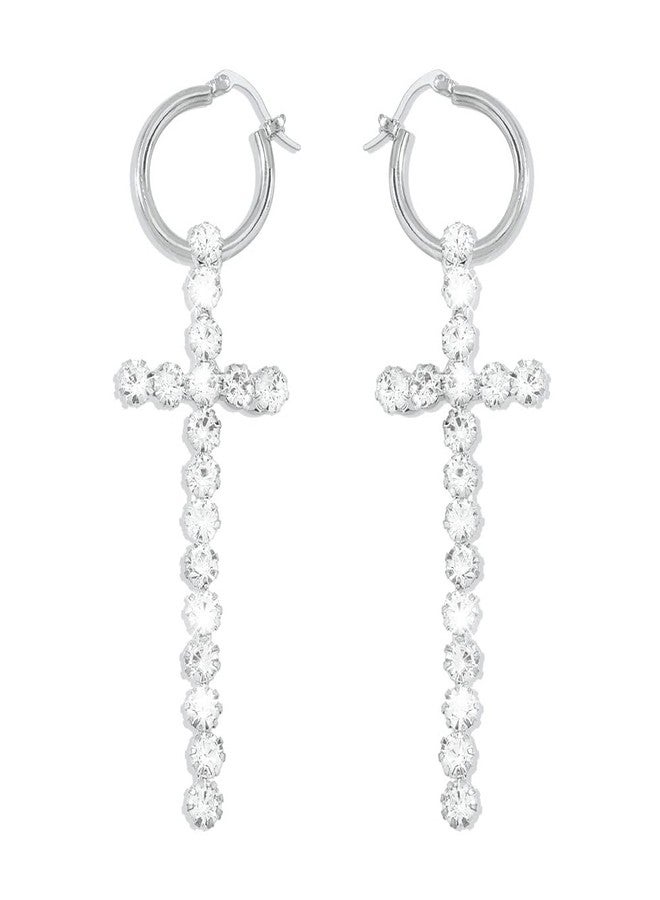 Jumwrit Rhinestone Cross Earrings Sparkle Huggie Hoop Earrings Long Dangle Drop Earrings Charm Hanging Cross Earrings for Women（Silver） - Image 5