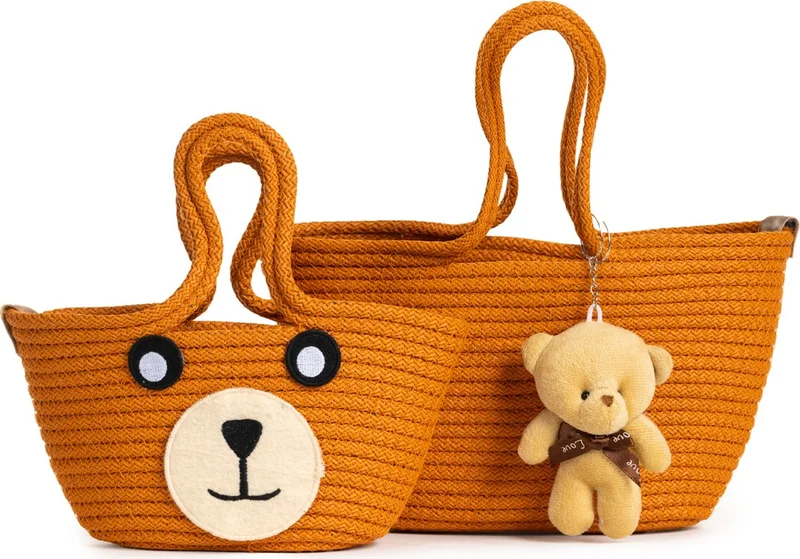 Nothing 2-Piece Mini Braided Teddy Bear Mother and Child Bag Set with Keys