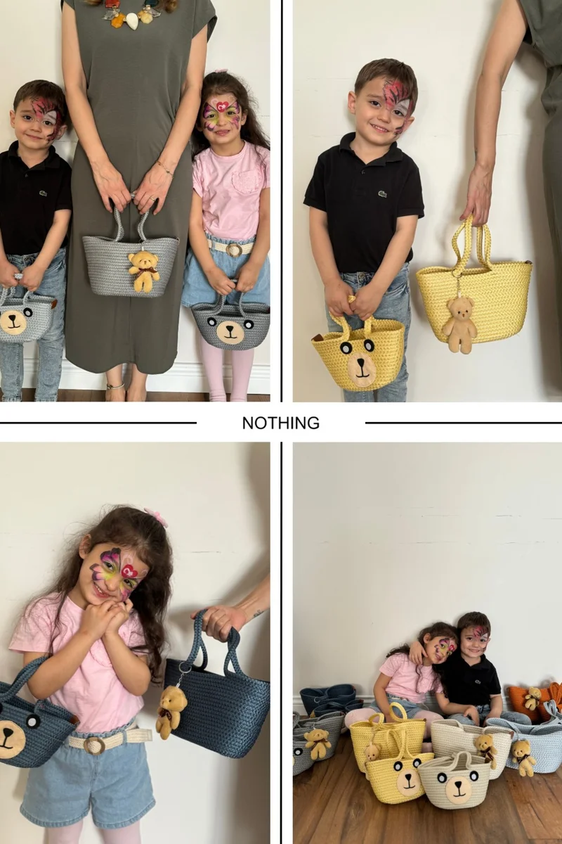 Nothing 2-Piece Mini Braided Teddy Bear Mother and Child Bag Set with Keys