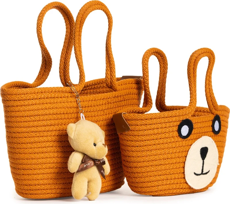 Nothing 2-Piece Mini Braided Teddy Bear Mother and Child Bag Set with Keys