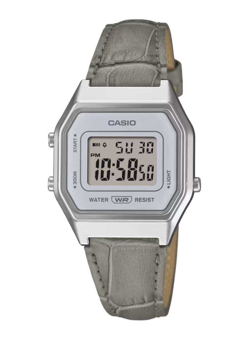 كاسيو Vintage Digital Women’s Watch LA680WEL-8A2, 33.5mm Silver Dial, Grey Leather Strap, Resin Case, 30 m WR - Image 1