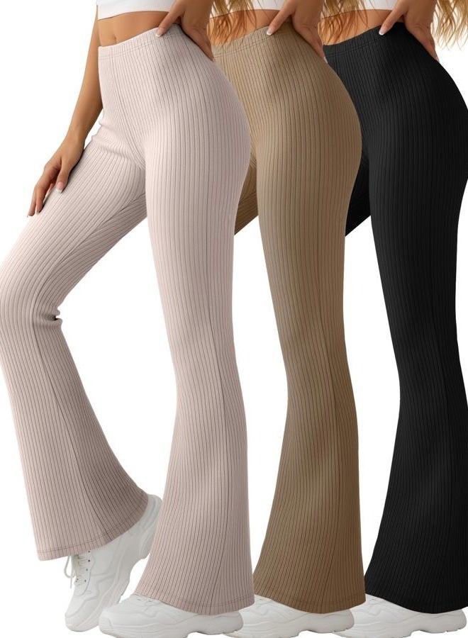 Yearntown 3 Pack Women's Ribbed Flare Yoga Pants High Waist Flare Leggings Casual Bell Bottoms Workout Soft Bootcut Leggings, Black, Coffee, Gray Apricot, L - Image 1