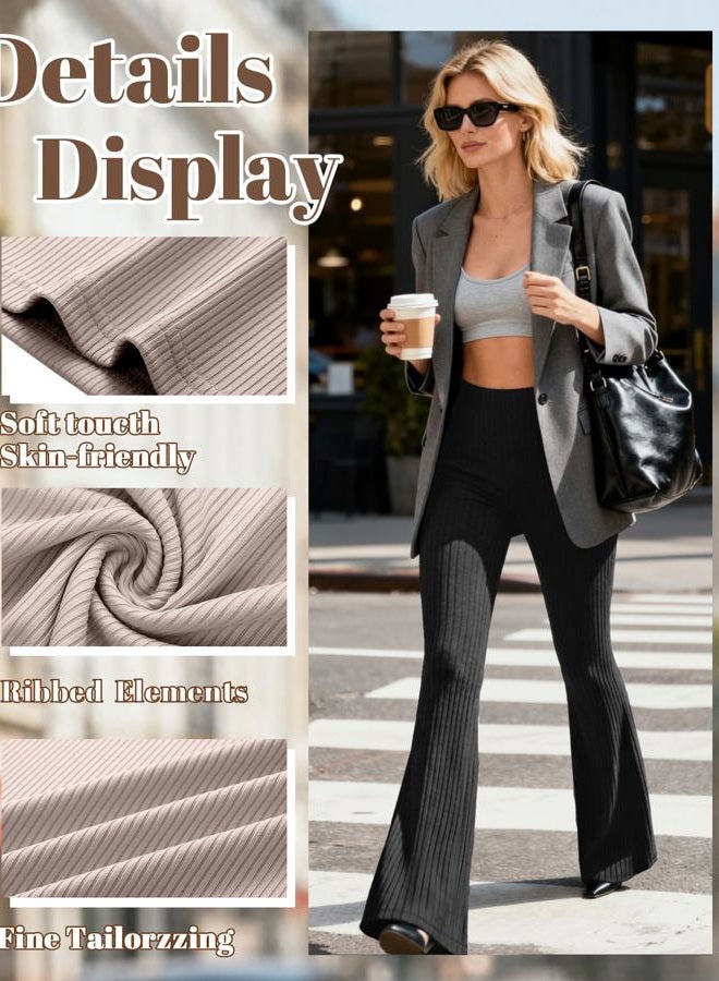 Yearntown 3 Pack Women's Ribbed Flare Yoga Pants High Waist Flare Leggings Casual Bell Bottoms Workout Soft Bootcut Leggings, Black, Coffee, Gray Apricot, L - Image 3