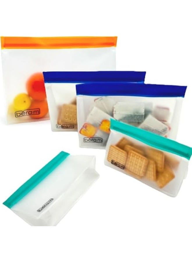 بيرام أكياس تخزين قابلة لإعادة الاستخدام من بيرام عبوة 5 حافظة ستاندنغ شبيهة بزيبلوك آمنة لغسالة الصحون مانعة للتسرب خالية من مادة BPA مصنوعة من مادة PEVA آمنة للفريزر مناسبة للغداء والسندويشات آمنة للطعام ومناسبة للرحلات والسفر