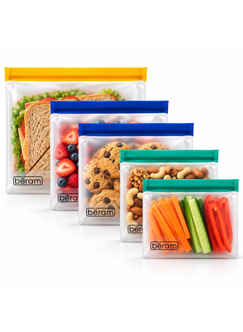 BERAM Reusable Food Storage Bags Pack of 5, BPA-Free PEVA Leakproof Stand-Up Zip Bags for Lunch, Snacks, Freezer, Travel & Kitchen Storage - Image 1