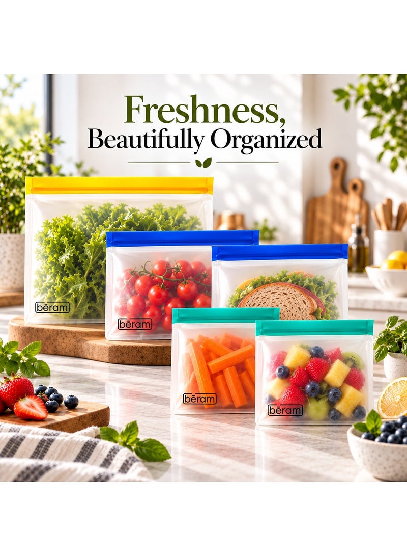 BERAM Reusable Food Storage Bags Pack of 5, BPA-Free PEVA Leakproof Stand-Up Zip Bags for Lunch, Snacks, Freezer, Travel & Kitchen Storage - Image 5