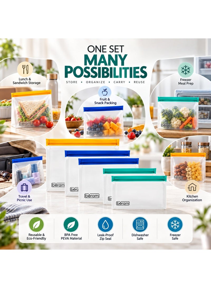 BERAM Reusable Food Storage Bags Pack of 5, BPA-Free PEVA Leakproof Stand-Up Zip Bags for Lunch, Snacks, Freezer, Travel & Kitchen Storage - Image 4