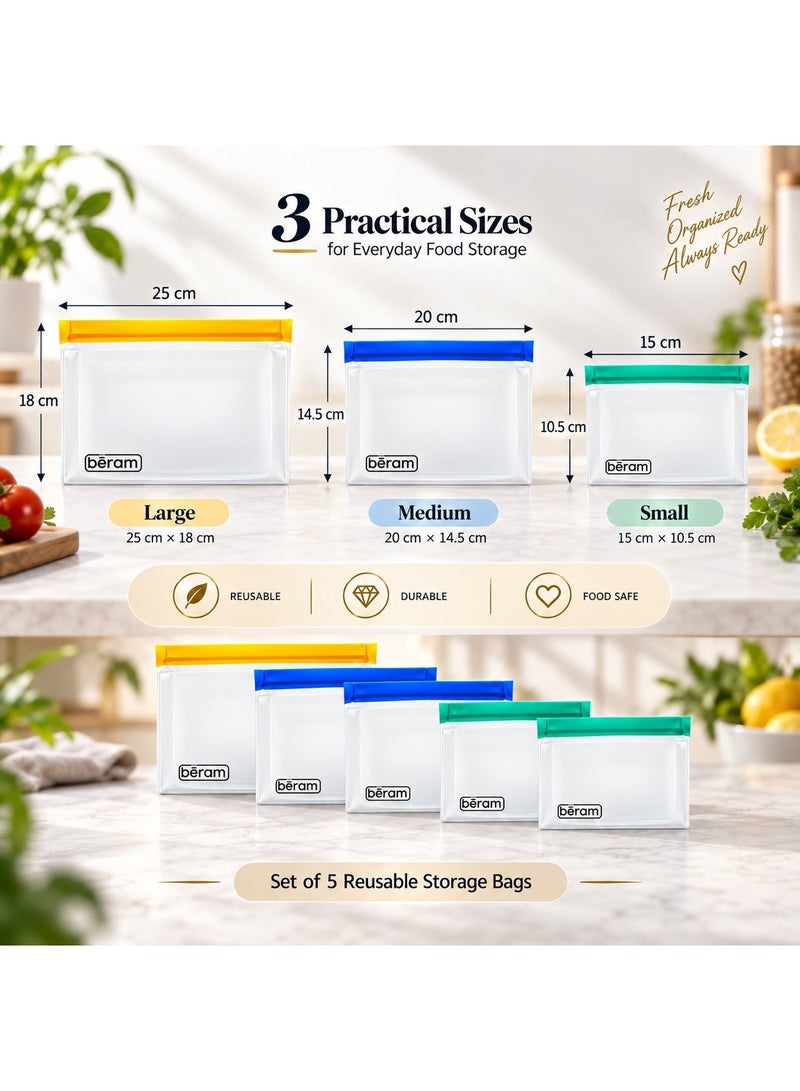 BERAM Reusable Food Storage Bags Pack of 5, BPA-Free PEVA Leakproof Stand-Up Zip Bags for Lunch, Snacks, Freezer, Travel & Kitchen Storage - Image 3