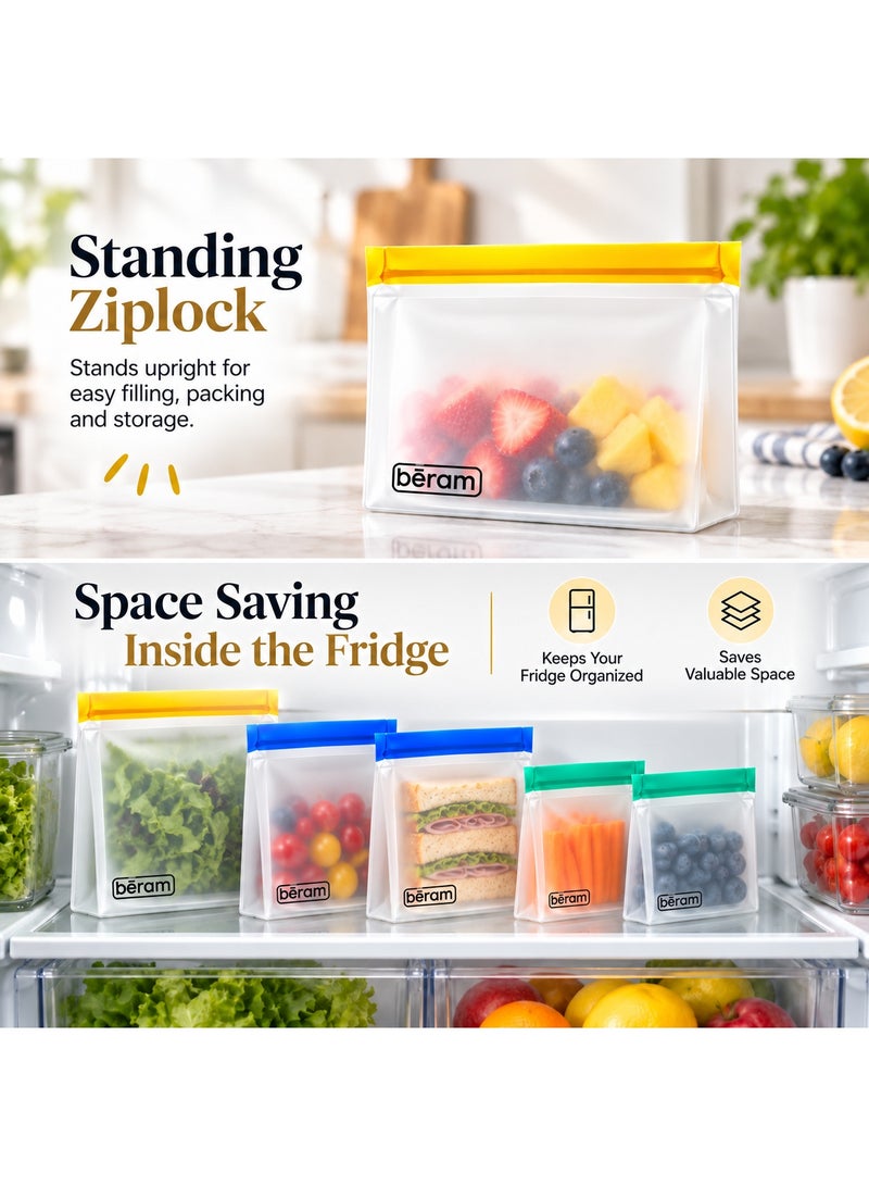 BERAM Reusable Food Storage Bags Pack of 5, BPA-Free PEVA Leakproof Stand-Up Zip Bags for Lunch, Snacks, Freezer, Travel & Kitchen Storage - Image 2