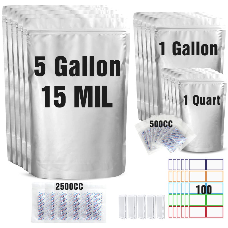 DEIAO 15 Mil 5 Gallon Mylar Bags for Food Storage with 2500cc Oxygen Absorbers  55 Pack Mylar Bags 5 Gallon1 Gallon1 Quart 3 Size 100 Pcs Labels and 500cc Oxygen Absorbers for Long Term Food Storage 
