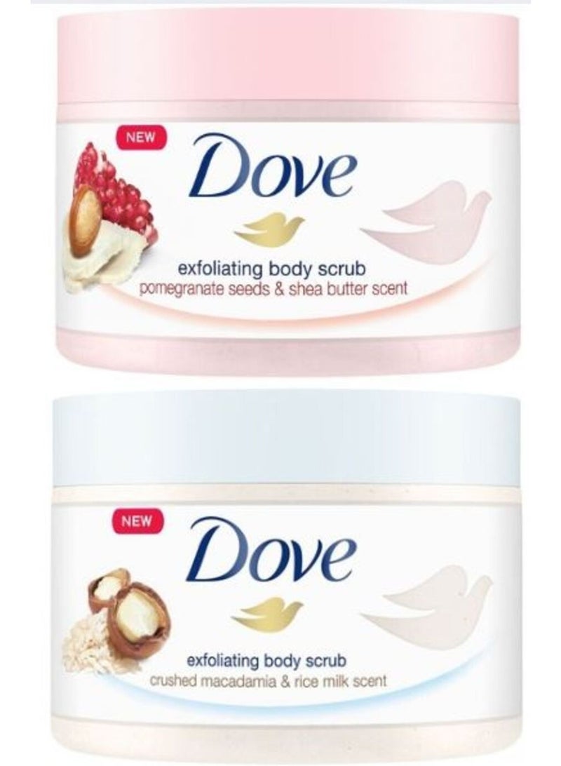 دوف مجموعة دوف لتقشير الجسم - مقشر بذور الرمان وزبدة الشيا 225 مل + مقشر المكاديميا المطحونة وحليب الأرز 225 مل، تقشير لطيف وتغذية عميقة - Image 1