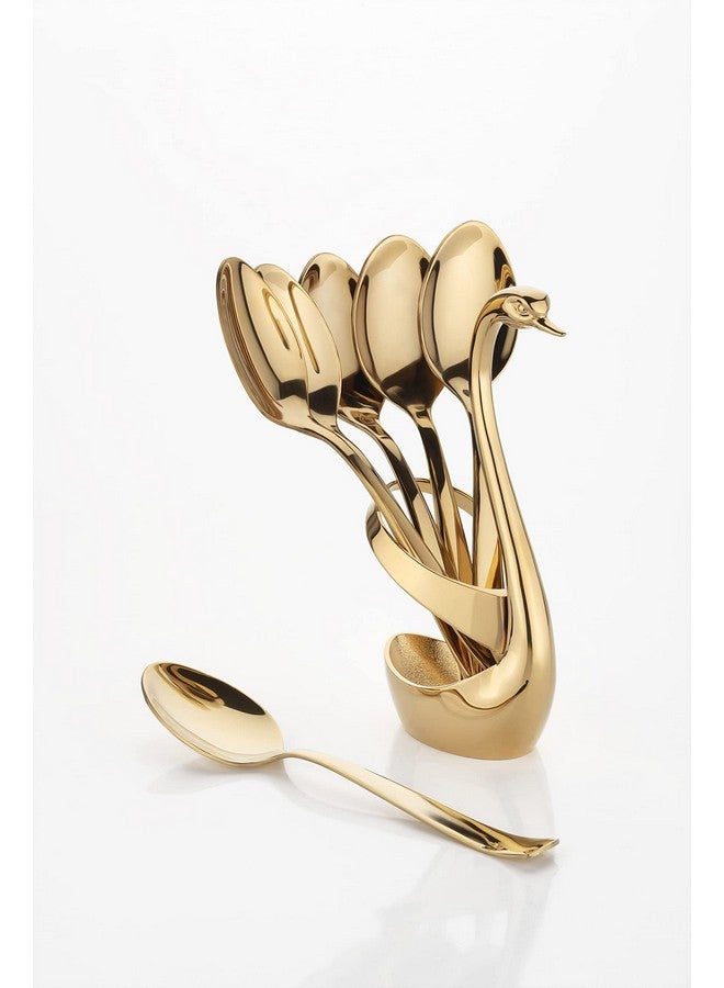 ROSTON Cutlery Set 6 PCS Stainless Steel Gold Premium Spoon Set Luxury Dinning tabelware Gift for House Warming (6PCS Spoon and Stand) - Image 1