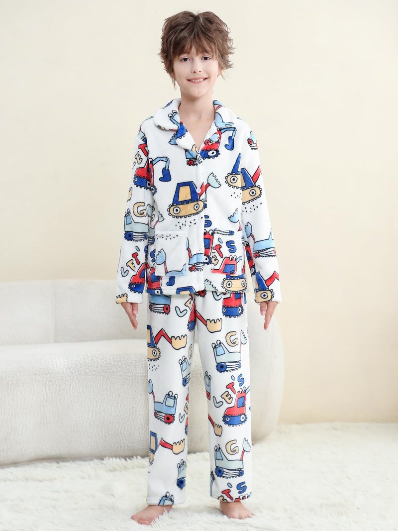 Umeyda Boys Fleece Pajamas Soft Warm Fuzzy Long Sleeve Sleepwear Pjs Set, White Car, 9-10 Years = Tag 150 - Image 2