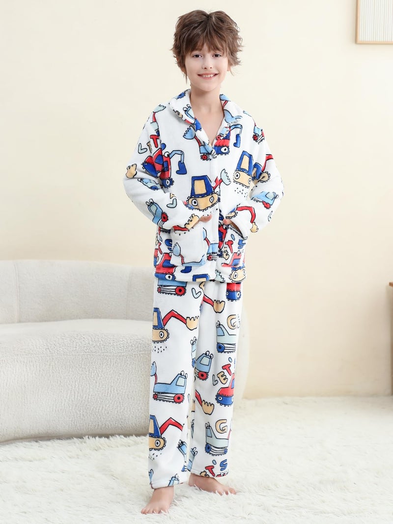 Umeyda Boys Fleece Pajamas Soft Warm Fuzzy Long Sleeve Sleepwear Pjs Set, White Car, 9-10 Years = Tag 150 - Image 3