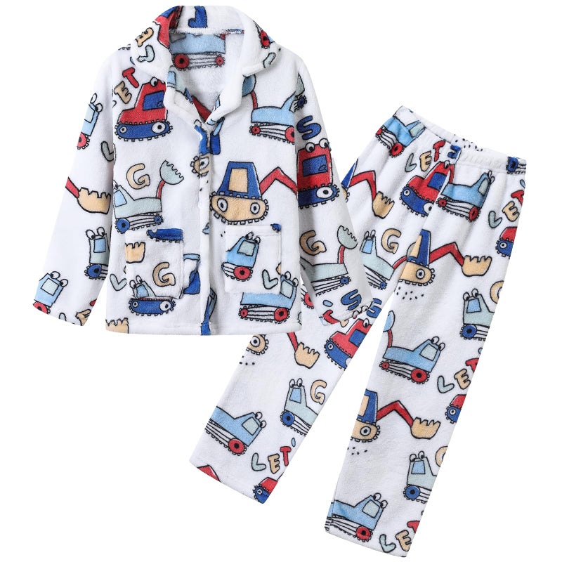 Umeyda Boys Fleece Pajamas Soft Warm Fuzzy Long Sleeve Sleepwear Pjs Set, White Car, 9-10 Years = Tag 150 - Image 1