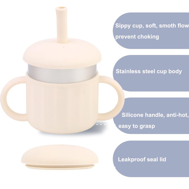 MYCOKI SP Baby Sippy Cup, Silicone Training Stainless Steel Kid Cups, Break Resistant Straw Lid Cup for Infants 6-12 Month Toddlers and 1-3 Year Kids, 7.4 Oz Water Drinking Cup (Beige, 1pc) - Image 3