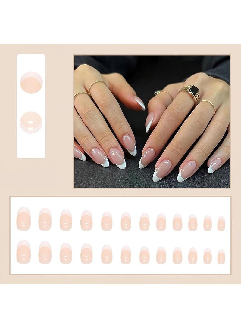 خاجول 24 قطعة اظافر صناعية باطراف فرنسية قصيرة باللوز باطراف بيضاء لامعة بتغطية كاملة تثبت بالغراء على الاظافر بلون بيج نود، اظافر صناعية من الاكريليك بحافة بيضاء قابلة لاعادة الاستخدام للنساء - Image 2