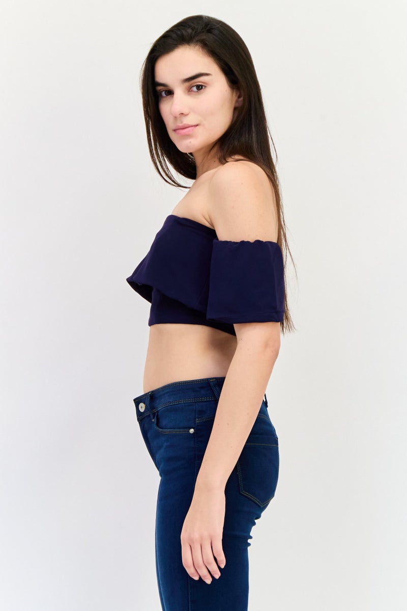 ONLY Women Off Shoulder Short Sleeve Crop Top, Navy - Image 2