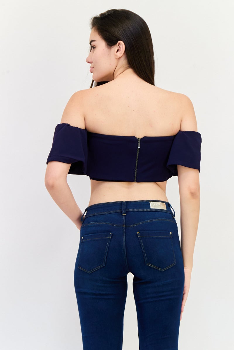 ONLY Women Off Shoulder Short Sleeve Crop Top, Navy - Image 3