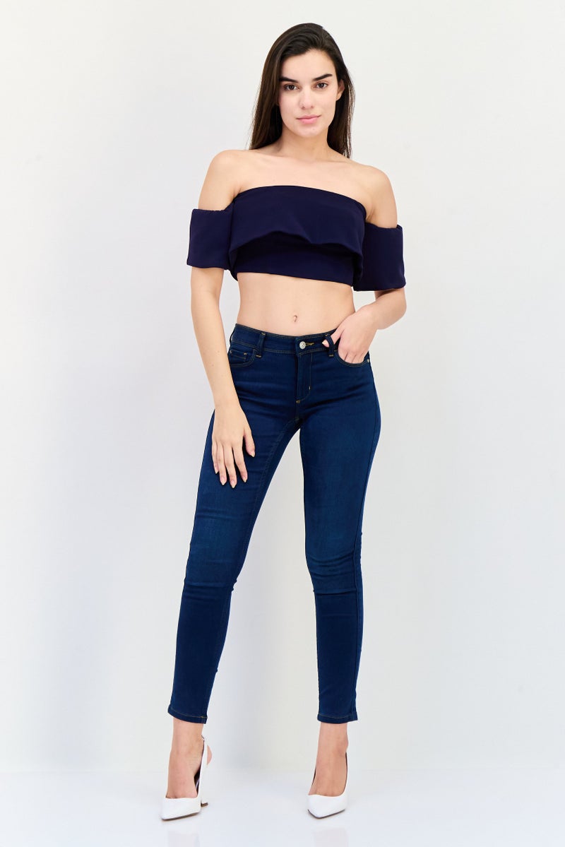 ONLY Women Off Shoulder Short Sleeve Crop Top, Navy - Image 4