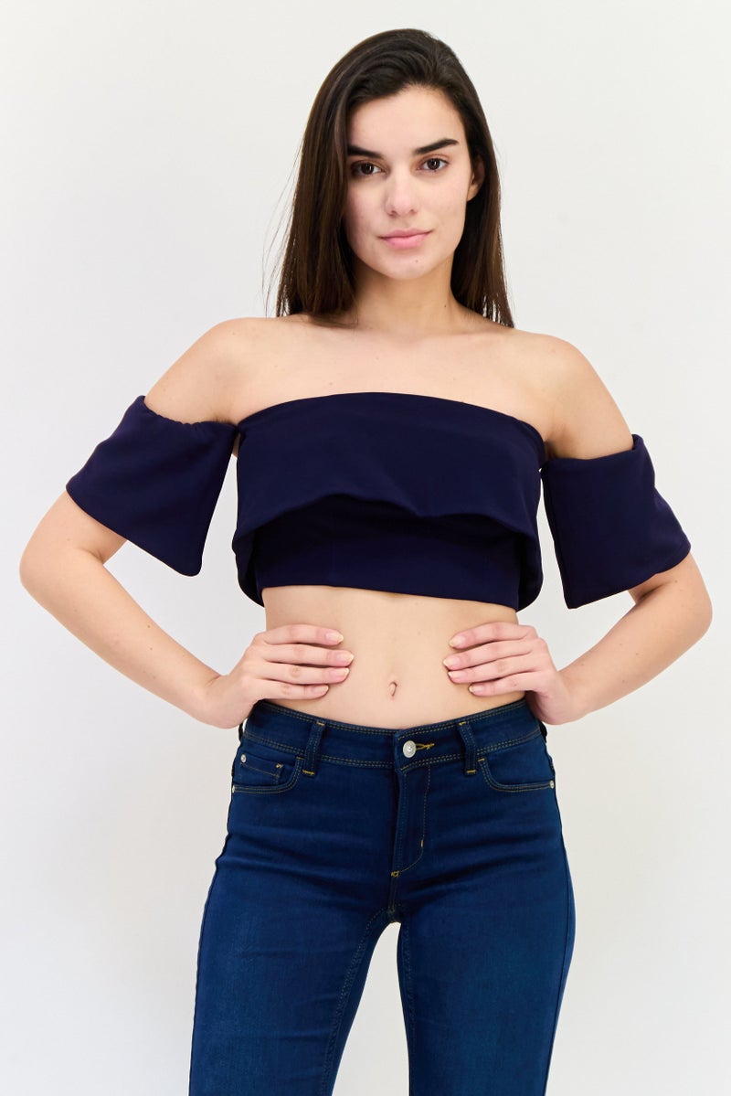 ONLY Women Off Shoulder Short Sleeve Crop Top, Navy - Image 1