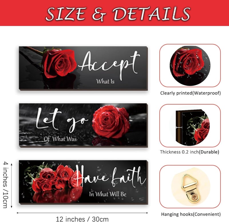ZINYAZHE 3 Pcs Red Decor Flower Inspirational Wooden Wall Art Red Roses Decor Office Wall Decor with Accept Let Go Have Faith Positive Quotes for Girl Women Bathroom Living Room Bedroom - Image 3