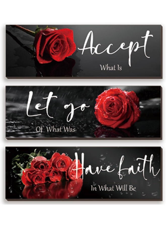 ZINYAZHE 3 Pcs Red Decor Flower Inspirational Wooden Wall Art Red Roses Decor Office Wall Decor with Accept Let Go Have Faith Positive Quotes for Girl Women Bathroom Living Room Bedroom - Image 1