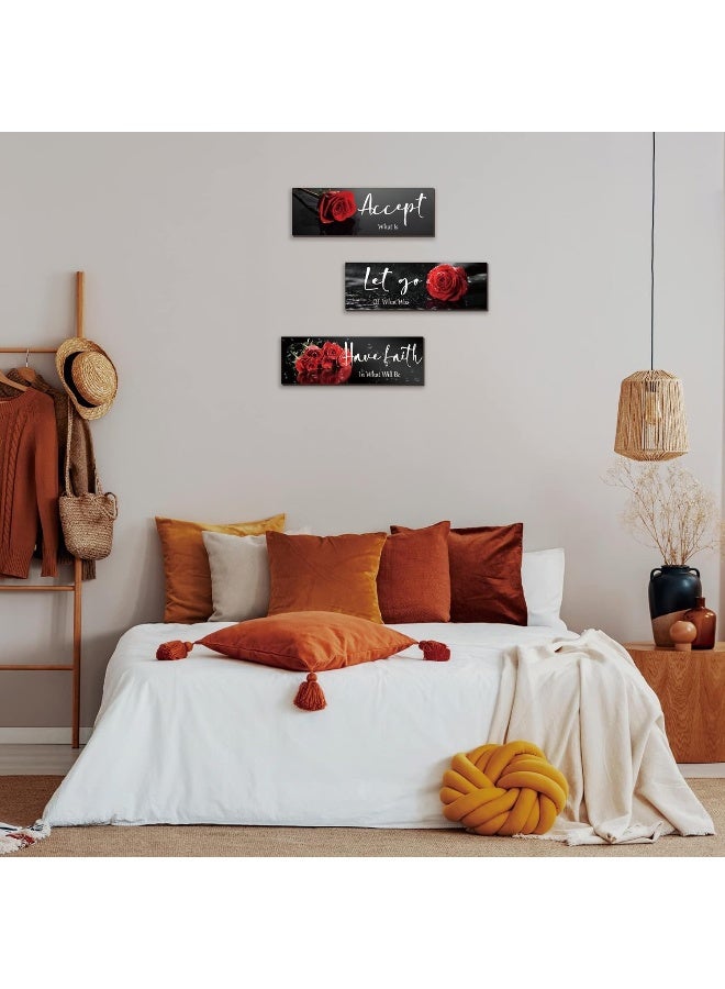ZINYAZHE 3 Pcs Red Decor Flower Inspirational Wooden Wall Art Red Roses Decor Office Wall Decor with Accept Let Go Have Faith Positive Quotes for Girl Women Bathroom Living Room Bedroom - Image 4