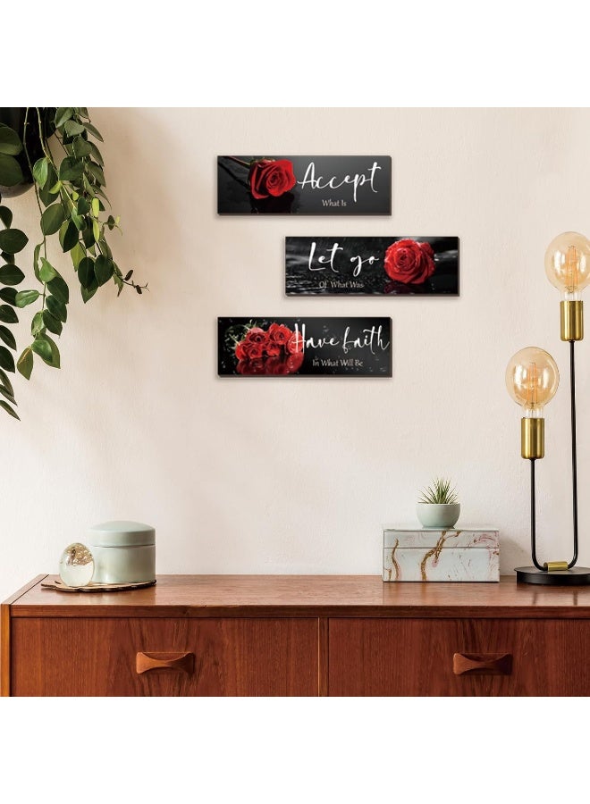 ZINYAZHE 3 Pcs Red Decor Flower Inspirational Wooden Wall Art Red Roses Decor Office Wall Decor with Accept Let Go Have Faith Positive Quotes for Girl Women Bathroom Living Room Bedroom - Image 2