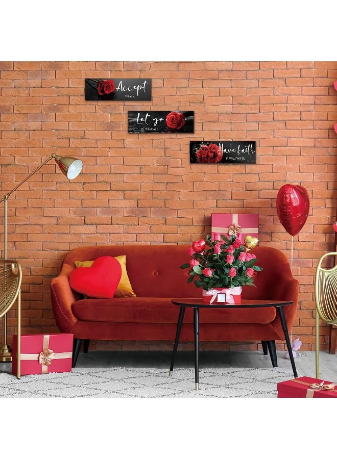 ZINYAZHE 3 Pcs Red Decor Flower Inspirational Wooden Wall Art Red Roses Decor Office Wall Decor with Accept Let Go Have Faith Positive Quotes for Girl Women Bathroom Living Room Bedroom - Image 5