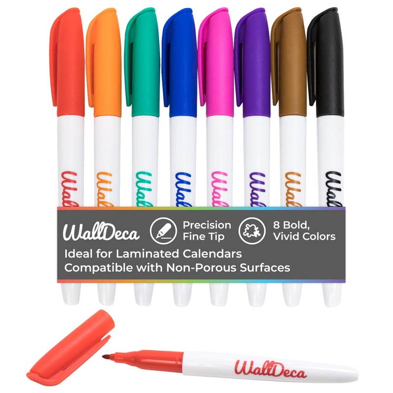 WallDeca Wet Erase Markers Fine Point, 8 Assorted Colors, Wet Erase Markers Ultra Fine Point, Smudge-Free Wet Wipe Markers, Durable Tips, Bold Colors, Multipurpose Wet Erase Markers Fine Tip - Image 1