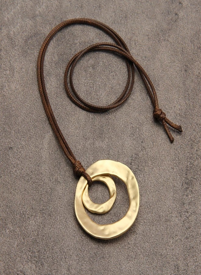joymiao Large Pendant Necklace for Women Hippie Boho Long Brown Cord Necklace with Gold Double Layer Circle Statement Pendant - Image 5