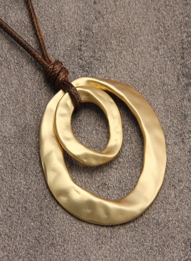 joymiao Large Pendant Necklace for Women Hippie Boho Long Brown Cord Necklace with Gold Double Layer Circle Statement Pendant - Image 3