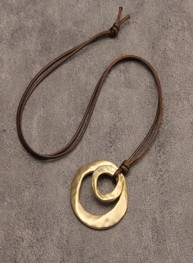 joymiao Large Pendant Necklace for Women Hippie Boho Long Brown Cord Necklace with Gold Double Layer Circle Statement Pendant - Image 4