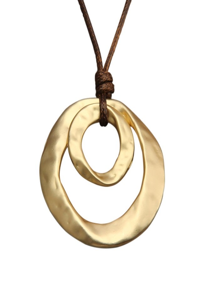 joymiao Large Pendant Necklace for Women Hippie Boho Long Brown Cord Necklace with Gold Double Layer Circle Statement Pendant - Image 1